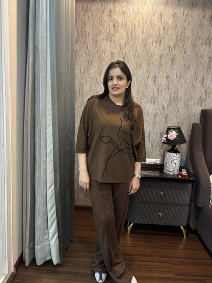 Woman wearing a brown Luxury Coordset for Women, featuring premium soft cotton fabric and stylish design.