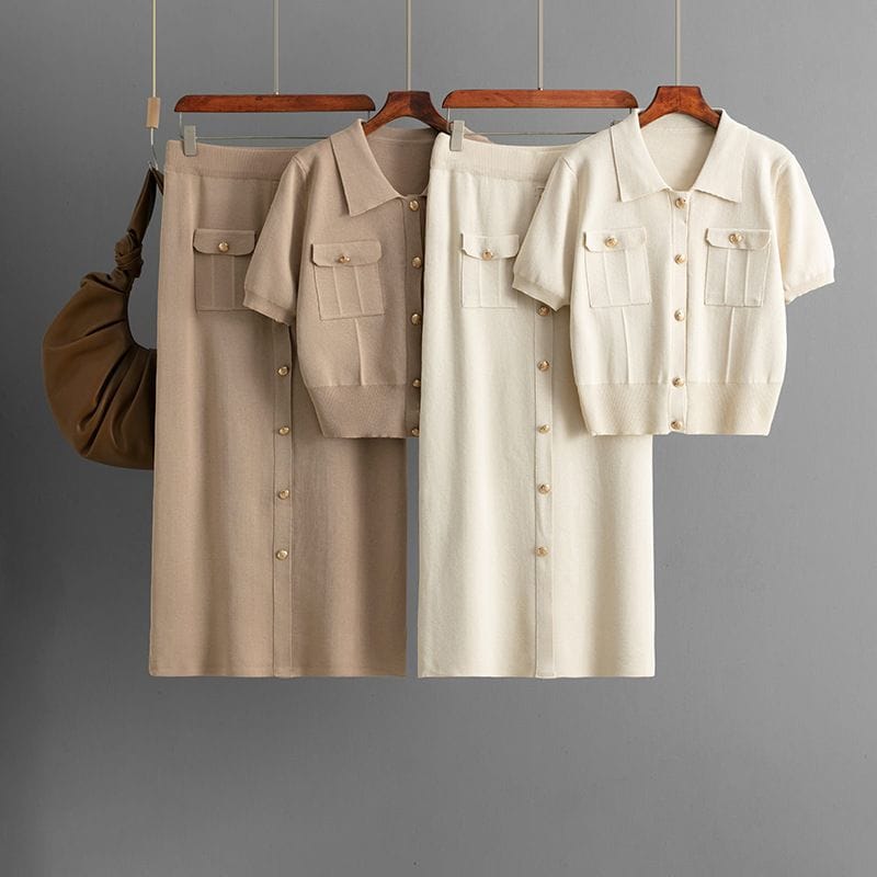 Women's Premium Knit Button-Down Skirt Set